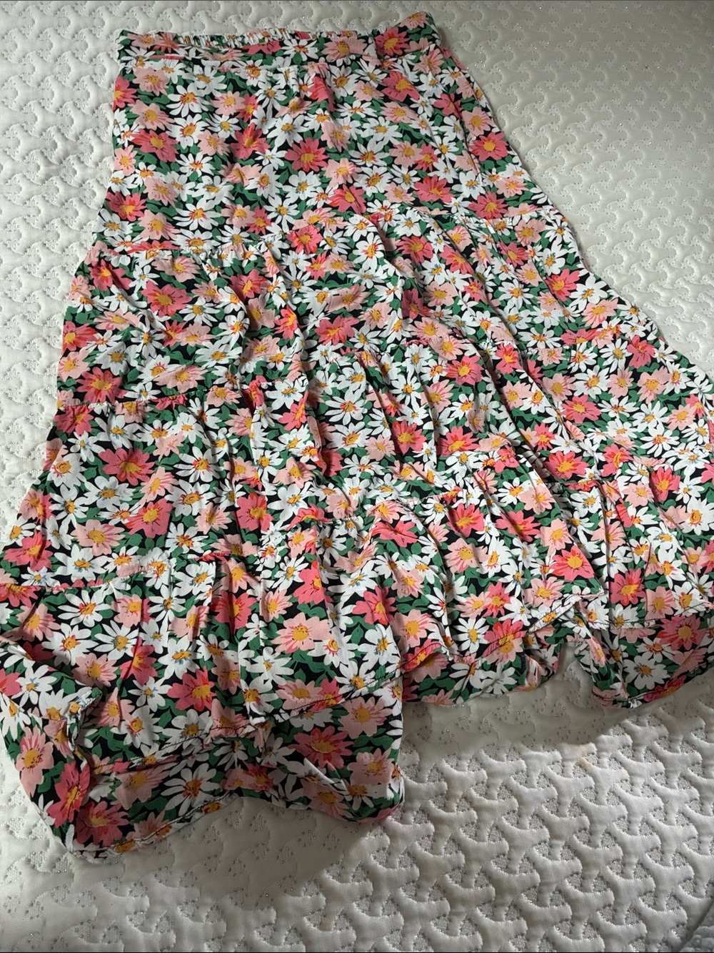 Floral Tiered Maxi Skirt - Pink & White Daisy Print